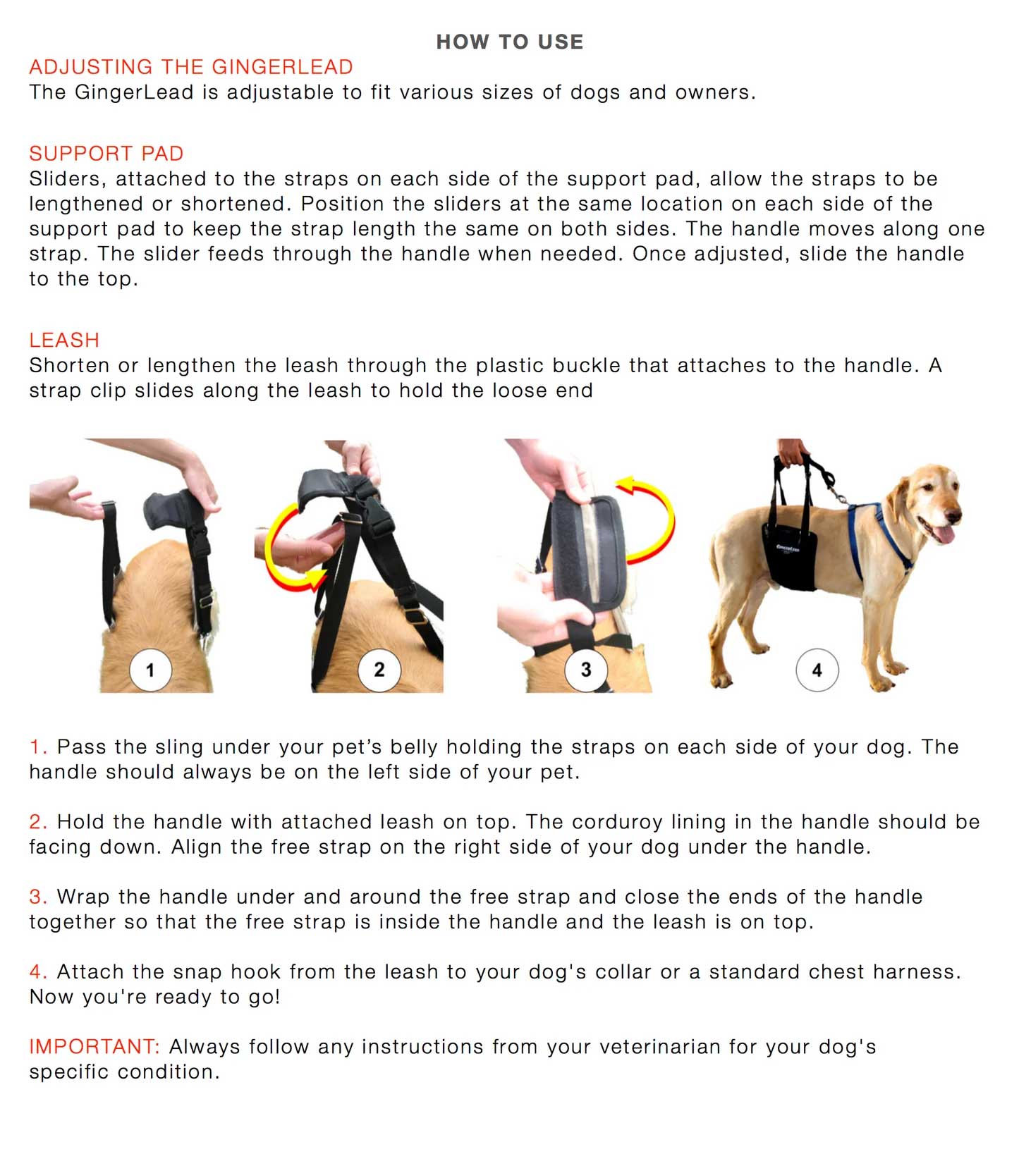 Use instructions for a gingerlead dog support
