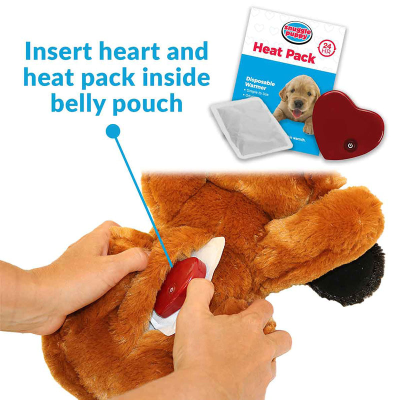 Directions of how to insert heart and heat pack in SnugglePuppy