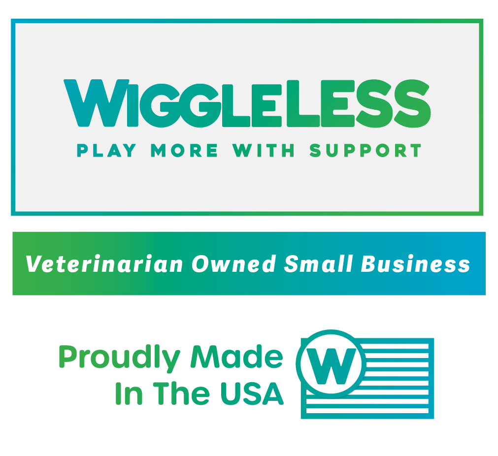 wiggleless back brace logo stacked with veterinarian owned business and proudly made in the USA