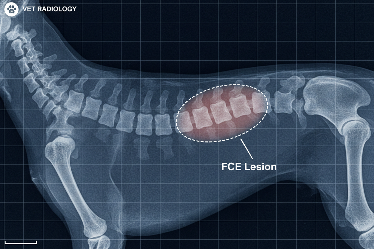 A veterinary radiograph showing a side profile of a dog with highlighted abdominal spine vertebrae outlined in a dashed oval and labeled 'FCE Lesion.' The image includes a grid background and the text 'VET RADILOGY' in the top left.