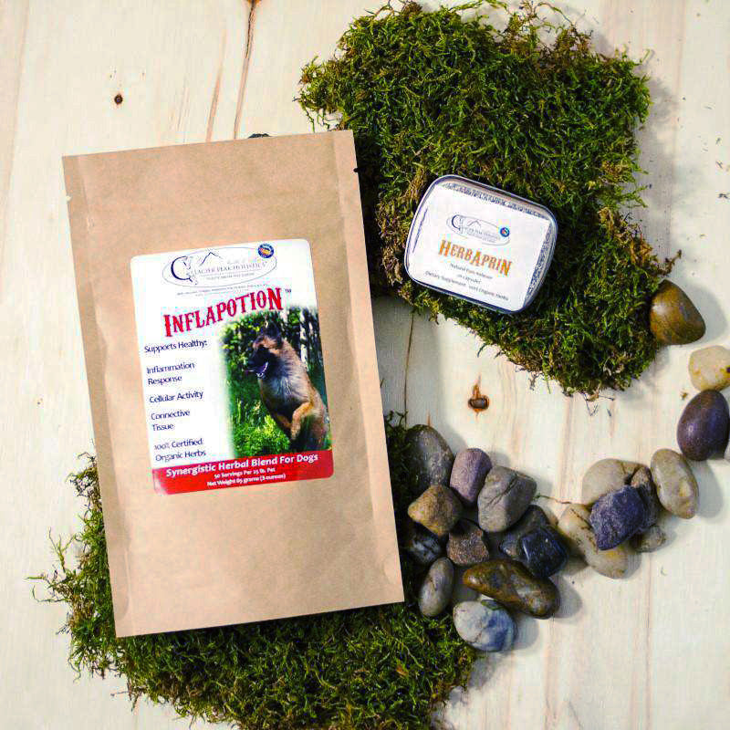 Inflapotion and HerbAprin products sitting on rocks and moss