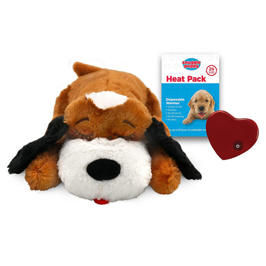 brown and white Snuggle Puppy front with disposable warmer
